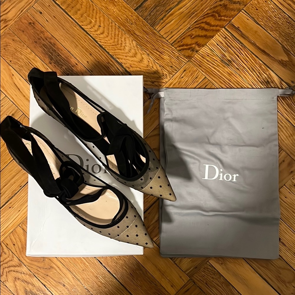 NEW Dior Mesh Nude Black Polka Dot Kitten Heels, 38.5